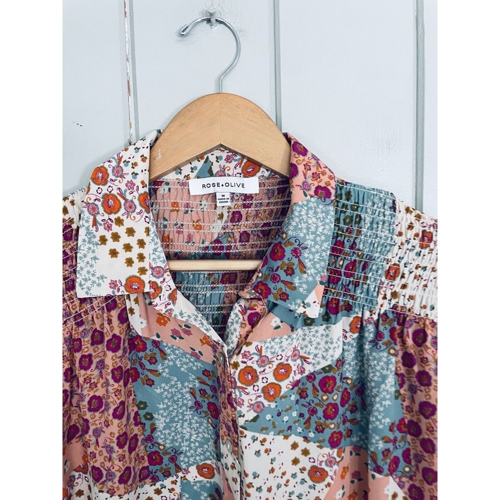 Rose & Olive Top M Medium Patchwork Button Front … - image 3